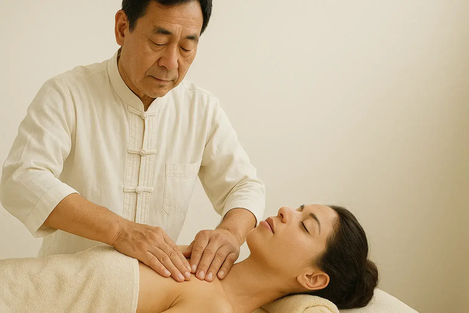 Praticien réalisant un massage chinois Tui Na traditionnel sur un patient