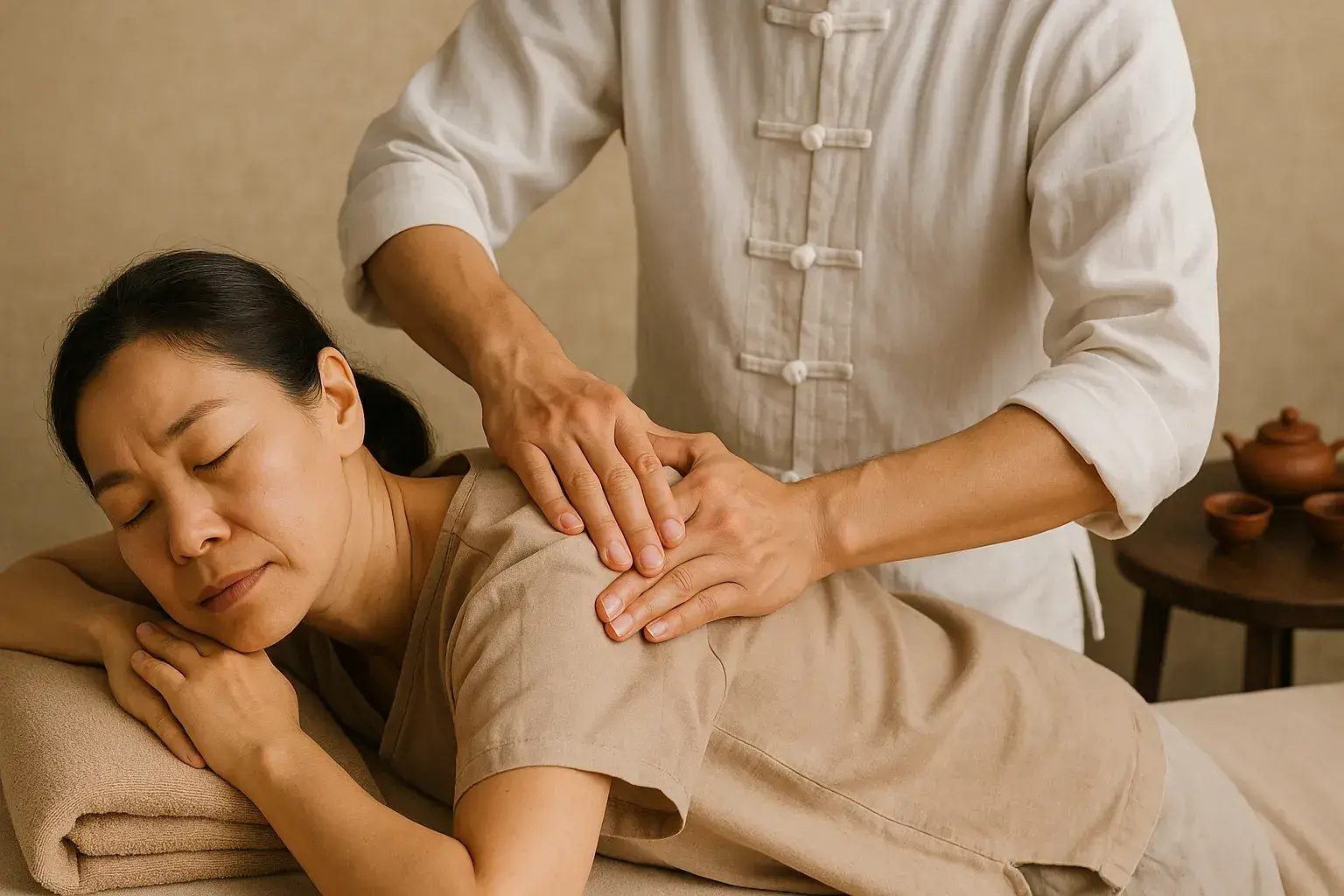 Praticien réalisant un massage chinois Tui Na pour soulager des douleurs dorsales