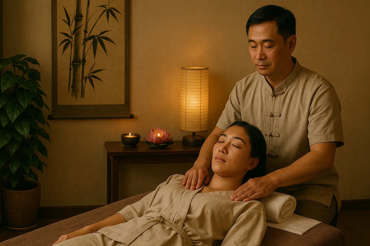 Personne portant une tenue adaptée pour un massage chinois traditionnel
